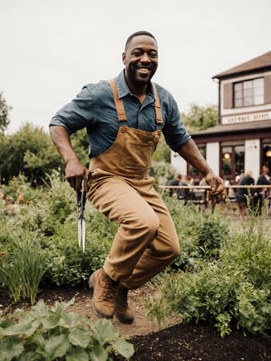 40대 흑인 남성이 편안한 작업복과 장화를 착용하고, 정원 가위를 들고 식물을 가꾸며 기쁘게 점프하는 모습입니다. 배경에는 푸른 식물들로 가득한 야외 정원과 아늑한 카페가 보이며, 따뜻한 분위기를 자아냅니다.