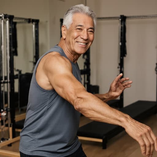이 이미지는 60대의 친근한 라틴계 남성이 편안한 필라테스 복장을 입고, 운동 기구가 배치된 아늑한 필라테스 실내에서 미소를 지으며 춤추듯 우아하게 움직이고 있는 모습입니다. 운동과 움직임의 즐거움을 표현하고 있습니다.