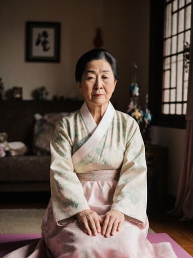 70대 한국인 여성이 전통 한복을 입고 요가 자세를 취하며 깊은 생각에 잠긴 모습으로, 아늑한 거실에서 전통 한국식 장식과 함께 피곤한 표정을 짓고 있는 반신 사진입니다.
