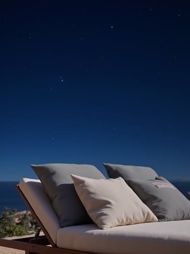 라운지 체어, 가구, 반짝이는 별이 위에, 깊은 파란 밤하늘, 평화롭고 초대하는