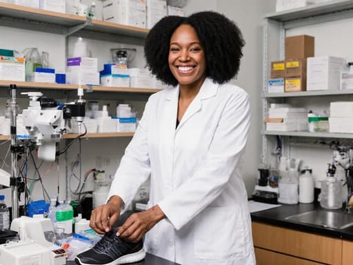 40대 흑인 여성이 연구원 역할을 하며 편안한 실험복과 운동화를 착용하고 신발을 신는 자세로 밝게 웃고 있는 모습이 담긴 이미지입니다. 주변은 실험 장비와 자료로 잘 정리된 분석실로, 긍정적이고 동기부여가 되는 분위기를 자아냅니다.