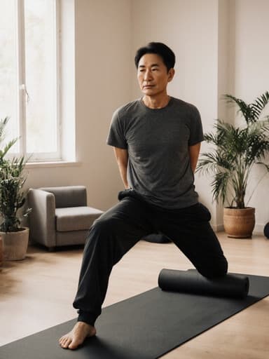 40대 아시아계 남성이 편안한 요가 복장을 하고 요가 매트 앞에서 달리는 자세를 취하고 있는 모습이 반신 촬영으로 담겨 있습니다. 그의 표정은 깊은 내면의 갈등을 드러내며, 부드러운 조명이 비추는 식물과 아늑한 좌석이 있는 명상 공간에서 고요하고 반성적인 분위기를 자아냅니다.