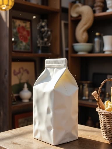 빈티지 앤티크 숍의 우유 팩, 따뜻한 자연광, 다양한 장식이 있는 나무 선반, 공기 중에 미세한 먼지 입자, 부드러운 그림자, 따뜻하고 향수 어린 초대