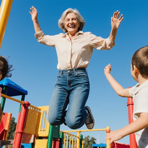 50대 백인 여성이 편안한 블라우스와 청바지를 입고 유치원 놀이터에서 아이들과 함께 즐겁게 점프하고 있는 모습입니다. 화창한 날씨와 다채로운 놀이기구가 활기찬 분위기를 더하며, 그녀의 밝은 미소는 주변 아이들과의 교감을 전달합니다.