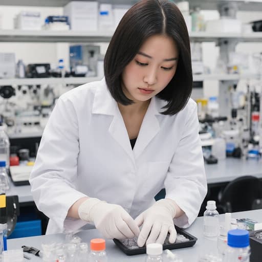 20대 아시아계 여성 모델이 연구복과 흰색 장갑을 착용하고, 실험 도구를 정리하며 집중하고 있지만 약간 피곤한 표정을 지은 모습입니다. 배경은 깔끔한 분석실로, 여러 연구 기구들이 배치되어 있어 과학적인 분위기를 강조합니다.