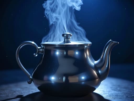 김이 나는 광택이 나는 금속 주전자가 반짝이는 별들로 둘러싸인 깊은 푸른 밤하늘에 놓여 있으며, 부드러운 빛이 장면을 비추고 주전자의 표면에 반사가 있는 차분한 분위기.