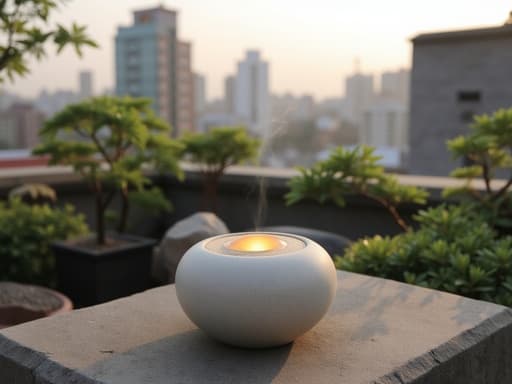 도시 경관 배경의 평온한 옥상 정원에 놓인 향수 디퓨저, 따뜻하고 평화로운 분위기를 연출합니다.