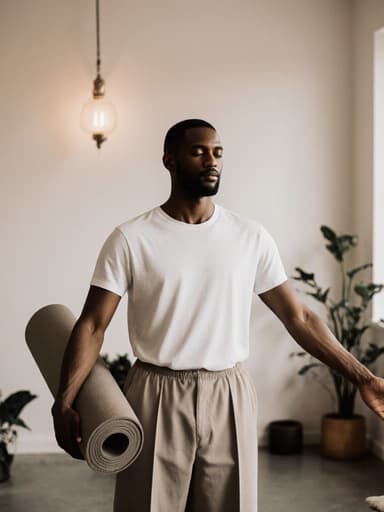30대 흑인 남성이 편안한 요가 복을 입고 요가 매트를 들고 부드럽게 팔을 펼치며 명상하는 자세를 취하고 있는 반신 사진. 그는 평온한 표정을 지으며 마음의 안정과 집중을 나타내며, 부드러운 조명과 식물들이 어우러진 아늑한 명상실에서 조화로운 분위기를 만들어냅니다.