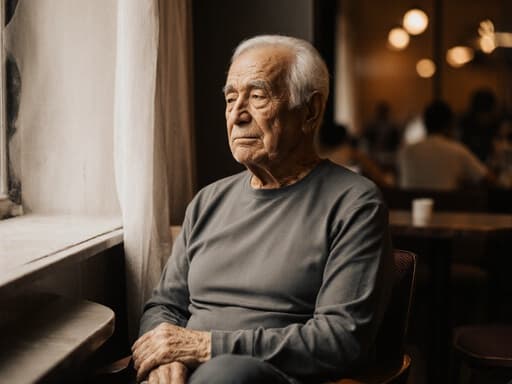 편안한 요가복을 입고 창가에 앉아 있는 80대 라틴계 남성의 반신 사진. 깊은 생각에 잠긴 그의 표정과 편안한 자세는 요가를 하려는 듯한 느낌을 주며, 아늑한 카페 환경이 평화로운 분위기를 더합니다.