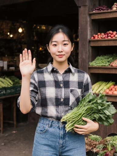 10대 초반의 아시아계 여성의 반신 샷으로, 농부 스타일의 체크무늬 셔츠와 청바지를 입고 있습니다. 한 손에는 신선한 농산물을 들고 다른 손은 가볍게 흔들며 친근하고 환영하는 제스처를 하고 있습니다. 배경은 농장과 연결된 작은 카페의 외부로, 신선한 농산물이 진열되어 있어 생동감 있고 소박한 분위기를 연출합니다. 그녀의 표정은 무표정으로, 장면에 차분함을 더하며 농촌 생활의 매력을 강조합니다.