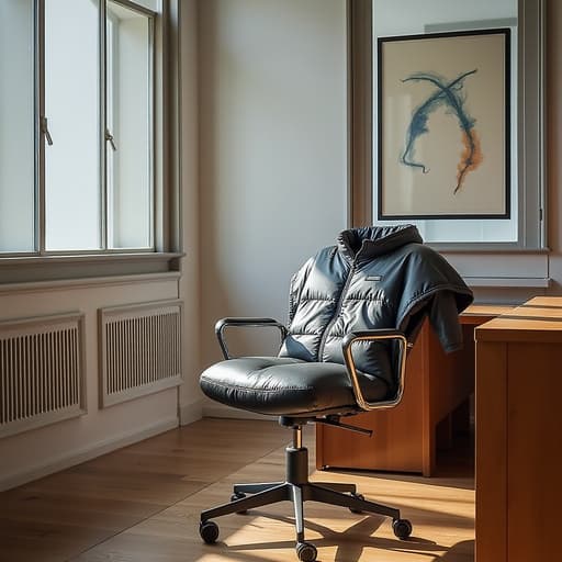 의자, 가구, 홈 데코, 좌석, 현대적이고 전문적인, 높은 창이 있는 현대 사무실, 광택이 나는 나무 책상, 추상 예술, 세련된 인테리어.