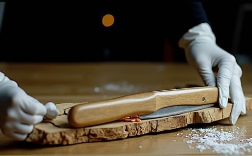 날카로운 칼날과 인체공학적 손잡이를 자랑하는 세련된 주방용 칼이 질감이 있는 나무 조각 위에 놓여 있습니다. 따뜻한 자연광이 칼의 광택 있는 표면을 강조하여 아늑하고 매력적인 분위기를 만들어냅니다.