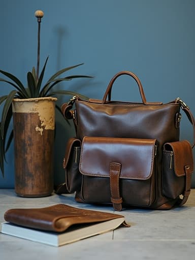 잘 만들어진 갈색 가죽 가방이 매끄러운 나무 테이블 위에 조명에 의해 부드럽게 빛나고 있습니다. 가방은 고급 가죽 질감과 조절 가능한 어깨 끈, 여러 개의 주머니 등의 특징을 보여줍니다. 미니멀한 배경이 가방의 우아함을 강조하여 세련된 분위기를 만들어냅니다.