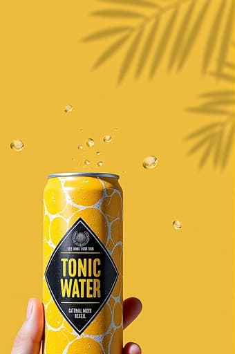 손이 세련된 디자인의 토닉 워터 캔을 우아하게 잡고 있는 모습을 가까이에서 촬영한 이미지. 밝고 화사한 야외 배경과 무성한 녹음이 어우러져 있으며, 햇빛이 캔에 비치어 상쾌한 느낌을 강조하고 있다. 전반적인 분위기는 편안함과 즐거움을 전달한다.