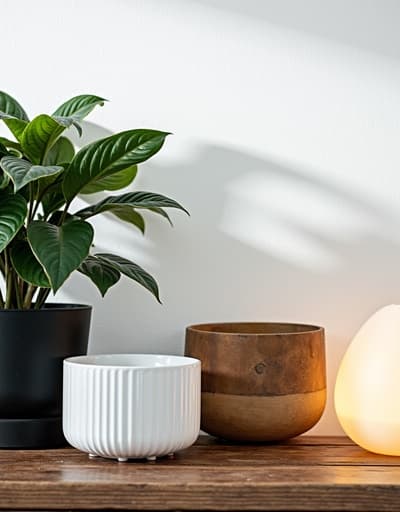 화려한 실내 식물이 매력적인 세라믹 화분에 우아하게 놓여 있으며, 미니멀리스트 거실 배경을 배경으로 하고 있습니다. 부드러운 자연광이 근처 창문을 통해 들어와 식물의 아름다움을 강조하며, 평화로운 분위기를 만들어냅니다. 방에는 나무 가구와 아늑한 배치가 있어 고요함과 신선함을 불러일으킵니다.