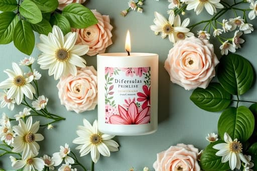 고급스러운 흰색 양초가 중앙에 우아하게 놓여 있으며, 주변에는 다양한 색상의 꽃과 무성한 초록 잎들이 둘러싸여 있어 고요하고 매력적인 분위기를 자아냅니다. 부드러운 자연광이 양초의 빛을 강조하며, 매끄러운 표면과 꽃 장식의 섬세한 세부 사항을 돋보이게 합니다.