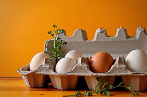 신선한 달걀 12개가 투명한 달걀 판에 깔끔하게 배치되어 있으며, 부드러운 자연광이 이 장면을 비추고 있습니다. 달걀 판 주변에는 신선한 허브가 있어 달걀의 신선함을 강조하는 따뜻하고 매력적인 분위기를 자아냅니다.