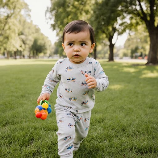 편안한 잠옷을 입고 불안한 표정을 지으며 주변을 살펴보고 있는 귀여운 1세의 라틴계 남자 아기의 반신 촬영. 장난감을 움켜잡고 달려갈 듯한 자세로, 조용한 공원의 잔디밭과 주위의 나무들이 배경으로 어우러져 있습니다.