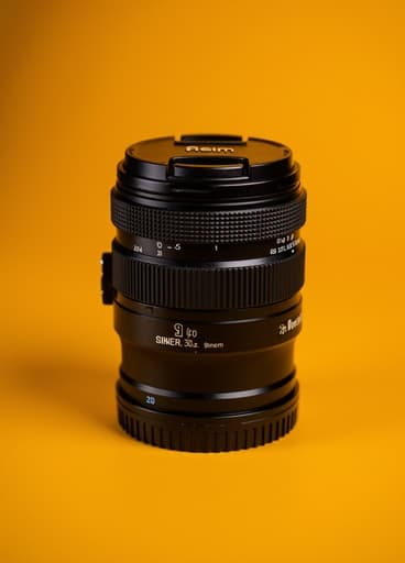 고품질의 카메라 렌즈가 밝은 노란색 배경에 두드러지게 배치되어 있으며, 세련된 디자인과 정밀한 광학을 강조합니다. 렌즈는 빛 아래에서 반짝이며, 제품의 특징과 장인 정신을 부각시켜 사진 작가들이 멋진 이미지를 포착하도록 초대합니다.