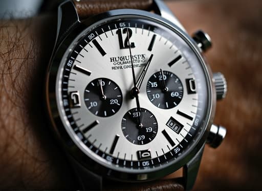 남자의 손목에 우아한 손목시계가 가까이 촬영되어 있으며, 스테인리스 스틸 케이스와 가죽 스트랩이 돋보입니다. 배경은 부드럽게 흐릿한 건물과 초록 식물들이 있는 도시 환경으로, 따스한 햇살이 비추어져 있어 세련됨과 스타일을 전달합니다.