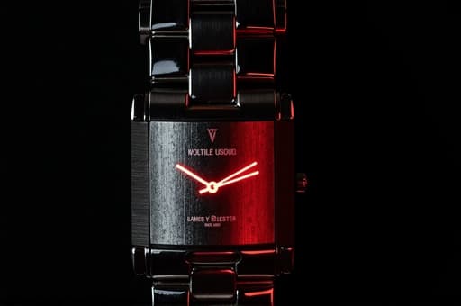 고급스러운 스테인리스 스틸 시계가 단단한 검은색 배경 위에 두드러지게 전시되어 있으며, 매끈한 디자인과 빛나는 시곗바늘이 강조됩니다. 시계는 미세하게 빛을 반사하며, 프리미엄 품질과 장인 정신을 강조합니다.