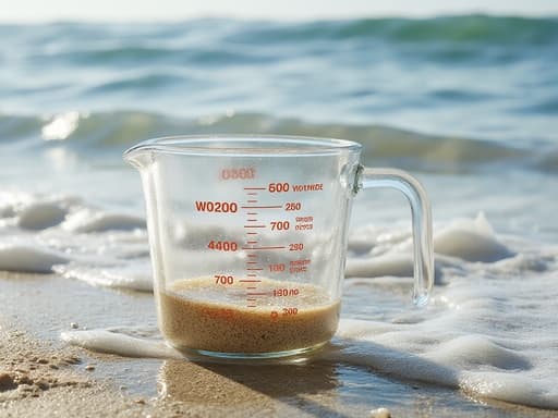 계량컵, 주방용품, 유리, 브랜드 없음 파도가 몰아치는 해변, 근처에 바다거품 자연스러운, 현실적인, 평온한