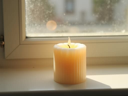 아침 햇살이 비치는 창가에 있는 촛불, 상쾌한 분위기.