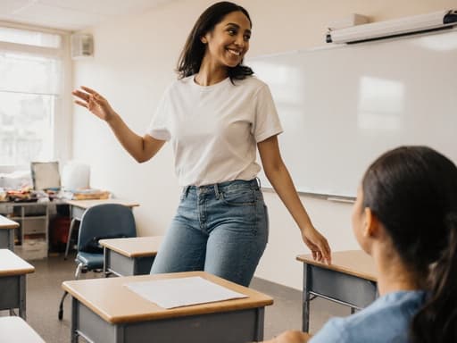 20대 혼혈 여성의 반신 사진으로, 자연스러운 외모를 가진 모델이 캐주얼한 티셔츠와 청바지를 입고 있습니다. 그녀는 부드럽게 미소 지으며 학생을 따뜻하게 바라보며 팔을 가볍게 흔드는 듯한 자세로 유연하게 움직이고 있습니다. 배경은 깔끔한 교육 공간으로 책상과 화이트보드가 있는 환경이 조화를 이루며 평온한 분위기를 연출합니다.