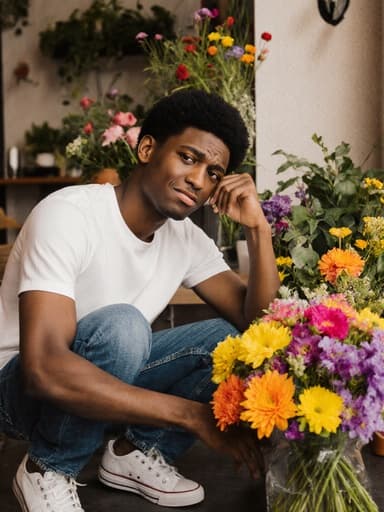 10대 초반의 흑인 남성이 아늑한 카페 안에서 반신을 촬영한 모습입니다. 그는 캐주얼한 티셔츠와 청바지를 입고 있으며, 꽃다발을 들고 짜증난 표정을 지으면서 꽃을 선택하기 위해 고개를 갸우뚱하고 있습니다. 카페는 다양한 식물과 꽃들로 가득 차 있어 아늑한 분위기를 자아냅니다.