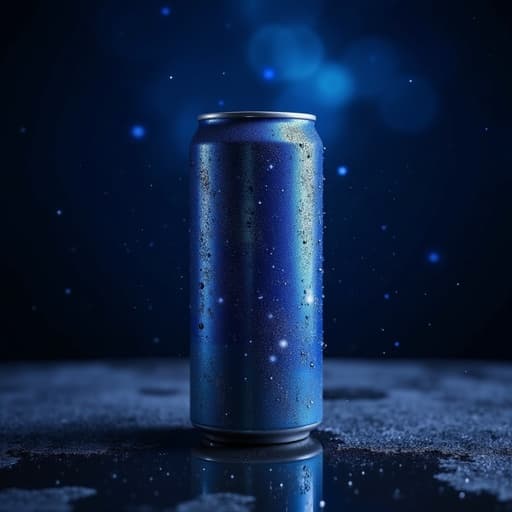 깊은 파란 밤하늘과 반짝이는 별들 사이에 있는 음료 캔, 평화롭고 고요한 분위기.