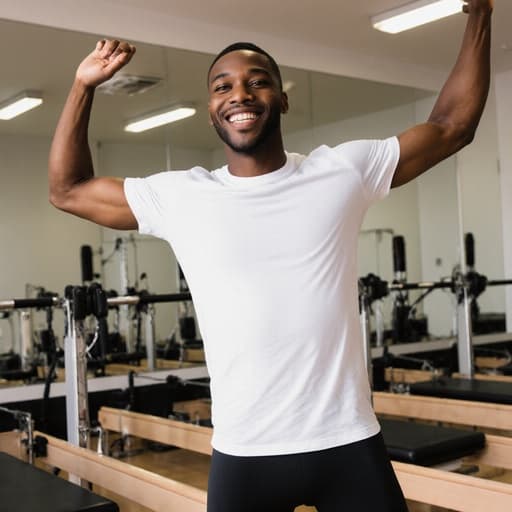 20대 아프리카계 남성이 편안한 필라테스 복장인 흰색 스포츠 티셔츠와 검은색 레깅스를 착용하고, 밝고 현대적인 필라테스 스튜디오에서 스트레칭 자세를 취하며 친근한 미소를 짓고 있는 반신 샷입니다. 배경에는 다양한 운동 기구들이 배치되어 있어 초대하는 듯한 분위기를 만들어냅니다.