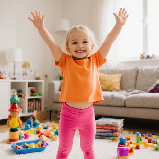 반신 촬영으로 귀여운 3살 유럽계 소녀가 활짝 웃으며 팔을 쭉 뻗고 있는 모습입니다. 화사한 색상의 티셔츠와 레깅스를 입고 있으며, 장난감과 책이 흩어져 있는 아늑한 거실에서 놀기 좋은 학습 환경이 조성되어 있습니다.