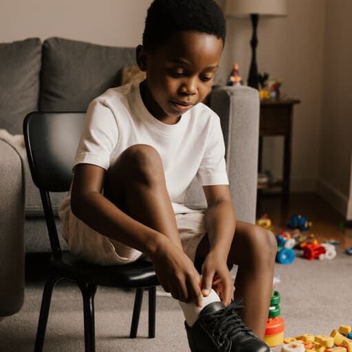 7세 아프리카계 남성이 자연스러운 외모로 아늑한 거실에 앉아 있는 반신 샷입니다. 그는 편안한 티셔츠와 반바지를 입고 있으며, 신발을 신기 위해 한 발을 들어올리면서 배고픈 표정을 짓고 있습니다. 소파와 장난감으로 꾸며진 방의 따뜻하고 아늑한 분위기가 그의 캐주얼한 의상과 잘 어우러져 소중한 순간을 포착하고 있습니다.