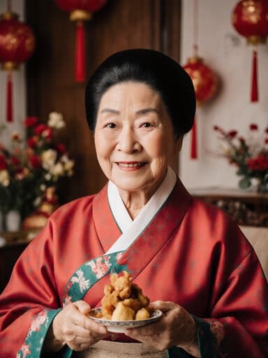 80대 혼혈 여성의 반신 사진으로, 화려한 한복을 입고 만족스러운 미소를 지으며 전통 축제 음식을 손에 들고 있는 모습이 아름답게 꾸며진 방에서 축제 분위기를 자아내고 있습니다.