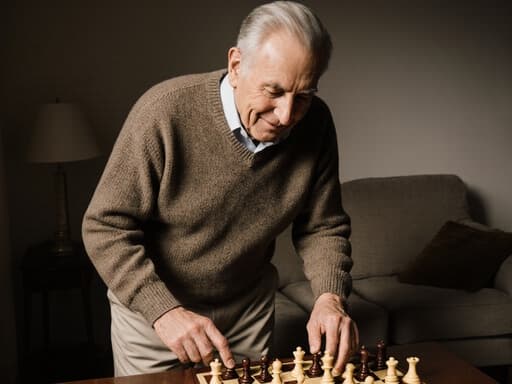 80세의 유럽계 남성이 자연스러운 외모로 편안한 니트 스웨터와 슬랙스를 입고 반신 촬영된 모습입니다. 그는 체스판 옆에 서서 체스말에 가볍게 손을 올리며 감사한 미소를 지으며 바라보고 있습니다. 아늑한 거실 배경에는 체스판이 놓인 테이블과 소파가 있어 전체적인 장면에 따뜻하고 초대하는 분위기를 더하고 있습니다.