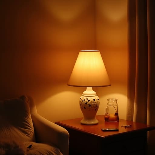 황금빛 노을이 비치는 아늑한 공간에 따뜻한 빛을 발산하는 무드등, 평온하고 초대하는 분위기.