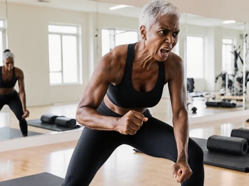 50대 아프리카계 여성 모델이 자연스러운 외모로 편안한 필라테스 복장인 타이츠와 운동용 탑을 착용하고, 강한 의지를 표현하는 화난 표정을 지으며 필라테스 매트 위에 포즈를 취하고 있는 반신 샷. 밝고 현대적인 필라테스 스튜디오의 거울과 운동 기구가 배경을 이루며, 에너제틱하고 집중된 분위기를 표현합니다.