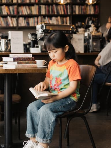 아늑한 카페에 앉아 있는 귀여운 7세 동양인 여아의 반신 사진. 밝은 색상의 티셔츠와 청바지를 입고 있으며, 책을 바라보며 손으로 살짝 눌러주는 불안한 표정을 짓고 있다. 카페에는 사람들이 가득하고 여러 가지 책들이 놓여 있어 따뜻하고 초대하는 분위기를 만들어낸다.