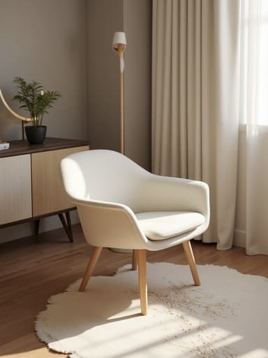 라운지 체어, 가구, 따스한 오후 햇살이 비치는 실내, 따뜻하고 초대하는 느낌