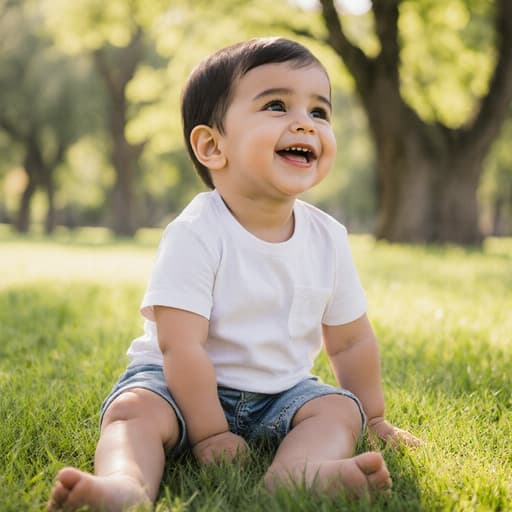 푸른 잔디 위에 앉아 있는 1살 중동계 남아의 사랑스러운 반신 촬영. 편안한 면 티셔츠와 반바지를 입고 순수한 미소로 아침의 기쁨을 표현하며, 다리를 뻗고 주위를 신나게 바라보는 모습이 담겨 있습니다. 햇살이 비치는 공원에서 자연의 아름다움을 즐기는 모습입니다.