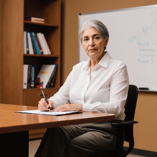 50대 중동계 여성이 회의실 테이블에 앉아 펜을 들고 무관심한 표정을 짓고 있습니다. 간편한 블라우스와 정장 바지를 착용하고 있으며, 책장과 화이트보드가 있는 교사 사무실의 배경 속에서 전문적이고 학문적인 분위기를 자아냅니다.