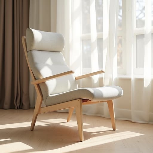 라운지 체어, 햇살이 비치는 창가, 따뜻하고 매력적인 분위기