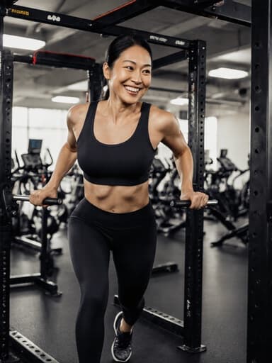 40대 아시아계 여성의 반신 사진으로, 스타일리시한 운동복과 운동화를 입고 밝게 웃으며 헬스장에서 운동 기구와 상호작용하는 모습이 담긴 이미지입니다.