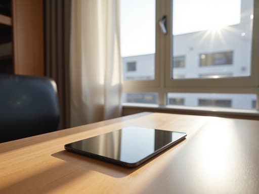 현대적인 사무실 환경의 매끈한 나무 책상 위의 태블릿과 미니멀리즘 장식, 부드러운 자연광이 전문적이고 매력적인 분위기를 만들어냅니다.