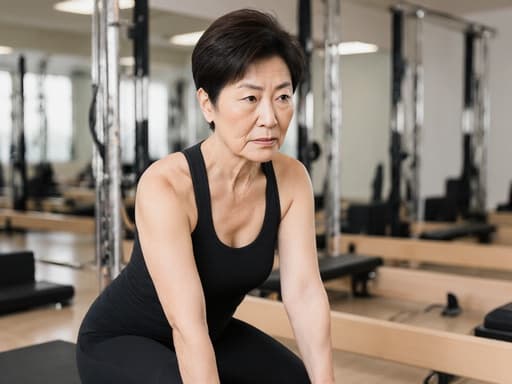 50대의 한국인 여성이 편안한 필라테스 복장을 입고 필라테스 매트 위에서 균형을 잡고 집중하는 모습의 반신 사진. 밝은 스튜디오 안에 다양한 필라테스 기구들이 배치되어 있으며, 그녀의 표정은 집중을 강조해 필라테스에 대한 헌신을 나타냅니다.