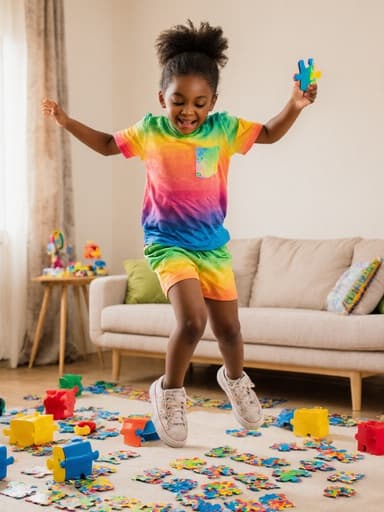 밝은 거실에서 퍼즐 조각을 들고 점프하고 있는 7세 흑인 소녀의 역동적인 모습. 그녀는 컬러풀한 티셔츠와 반바지를 착용하고 있으며, 주변에는 여러 장난감들이 흩어져 있습니다. 이 장면은 어린 시절의 놀이 정신을 잘 담고 있습니다.