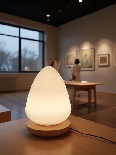 예술 갤러리 내부에 있는 부드러운 빛의 현대적인 디자인의 무드등이 프레임 아트 작품과 나무 바닥을 갖추고 조용한 분위기를 만들어냅니다.