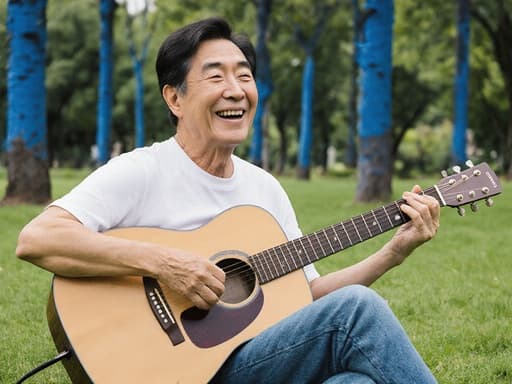이 이미지는 60대의 한국인 남성이 편안한 티셔츠와 청바지를 입고 잔디에 앉아 기타를 즐겁게 연주하는 모습을 담고 있습니다. 푸른 나무로 둘러싸인 공원에서 그의 자연스러운 모습과 편안한 자세는 이 고요한 환경에서 자유롭고 즐거운 감정을 전달합니다.