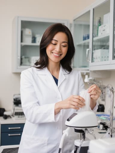 30대 혼혈 여성의 활기찬 반신 사진으로, 깔끔하게 정돈된 의료 사무실에서 의료 장비를 자신감 있게 청소하고 있는 모습으로, 그녀의 자연스러운 아름다움과 전문성을 보여줍니다.