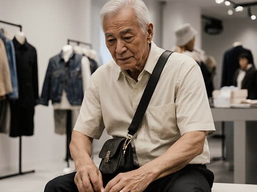 이미지에는 60대 혼혈 남성이 세련된 캐주얼 의상과 멋진 가방을 착용하고 신발을 신는 모습이 담겨 있습니다. 그는 다양한 의류와 액세서리가 진열된 현대적인 패션 매장에서 편안하고 자신감 있는 표정을 짓고 있습니다.